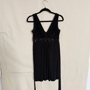 Black Beaded Empire Waist V-Neck Cocktail Dress Sleeveless Party Gown